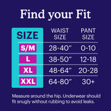 Size chart for overnight plus underwear for men