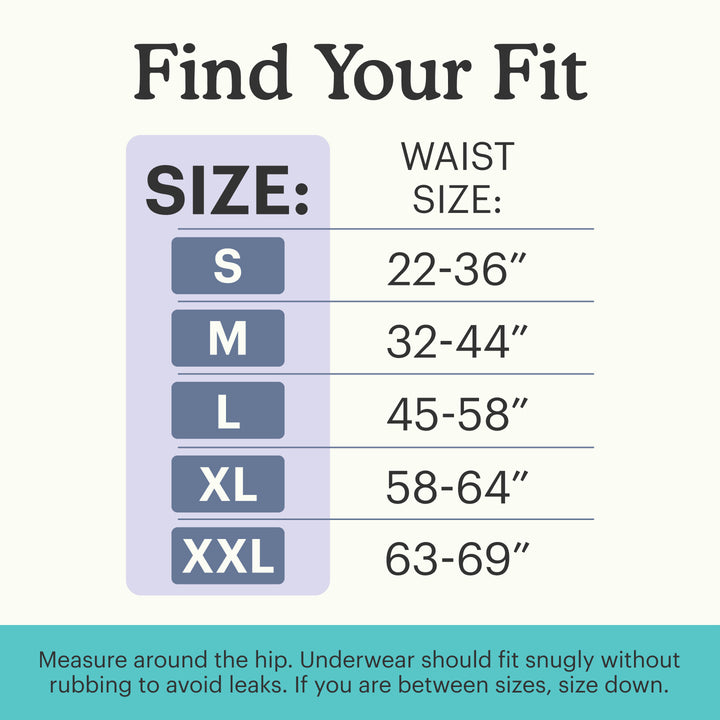 Size chart with waist size measurements on light grey background 