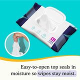 Easy-to-open top seals in moisture so wipes stay moist.