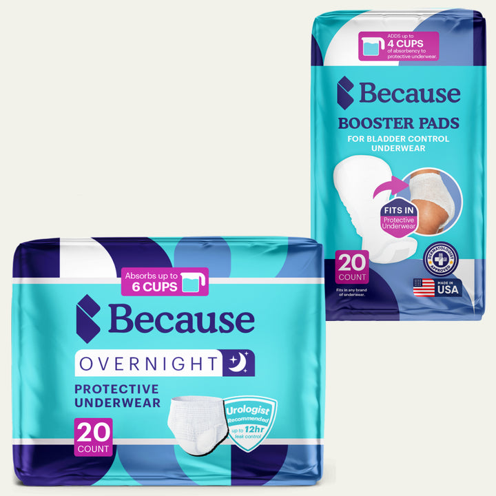 Two packages of Because overnight protective underwear and booster pads on a white background