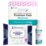 Stay Active Pad Bundle contains 1 pack of Because Market Maximum Pads , 1 pack of Because Market Flushable Wipes and 1 bottle of Because Market No-Rinse Cleansing Spray.