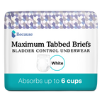 Package of Because Maximum tabbed briefs on white background