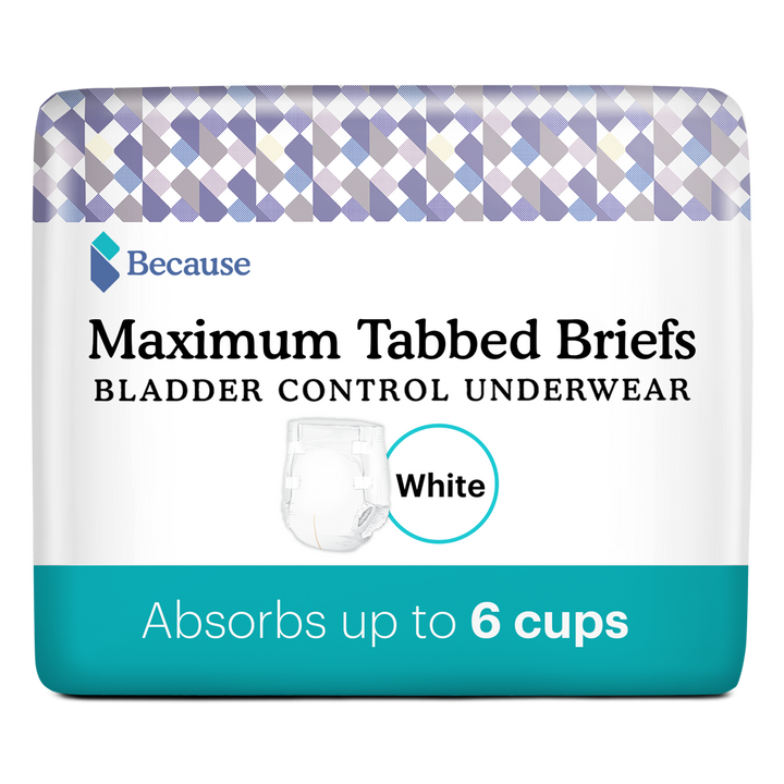 Package of Because Maximum tabbed briefs on white background