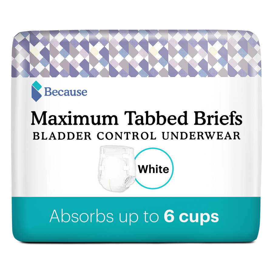 Package of Because Maximum tabbed briefs on white background