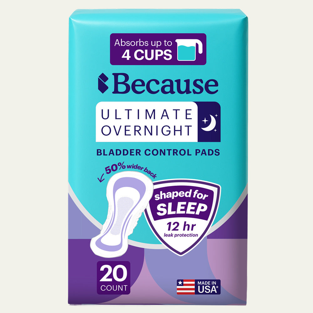 Package of Because Ultimate Overnight bladder control pads on a white background