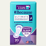 Package of Because Ultimate Overnight bladder control pads on a white background