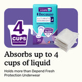 Bladder control pads packaging with text highlighting absorbency and features on a purple background