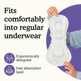 Product showing a sanitary pad with text about comfort, design, and absorption.