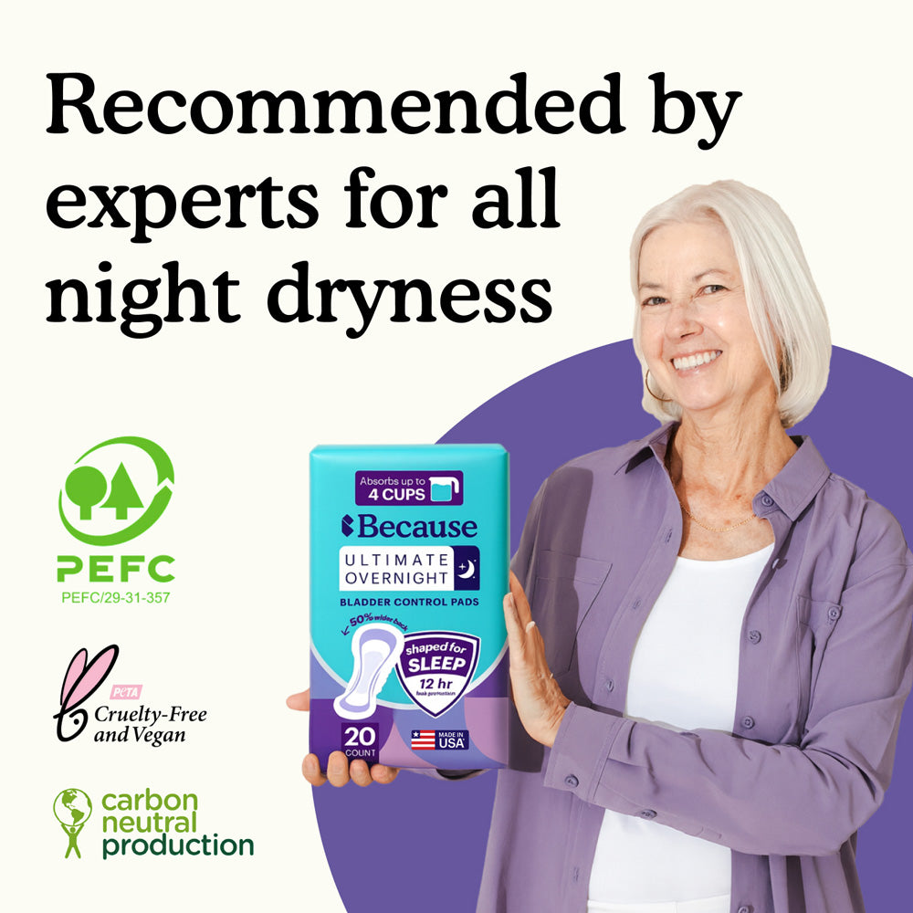 Woman holding a package of Because overnight pads with text 'Recommended by experts for all night dryness' on a white background.