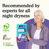 Woman holding a package of Because overnight pads with text 'Recommended by experts for all night dryness' on a white background.