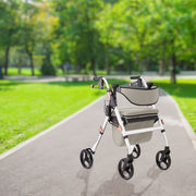 White aluminum rollator outside.