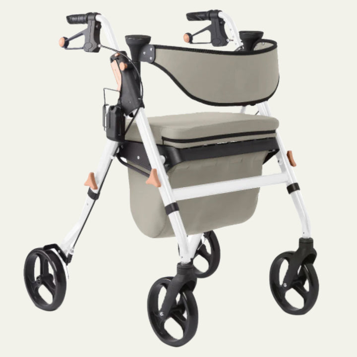 White Aluminum Premium Folding Rollator Walker on white background