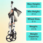 Collapsable White Aluminum Premium Folding Rollator Walker with specifications on a light yellow background