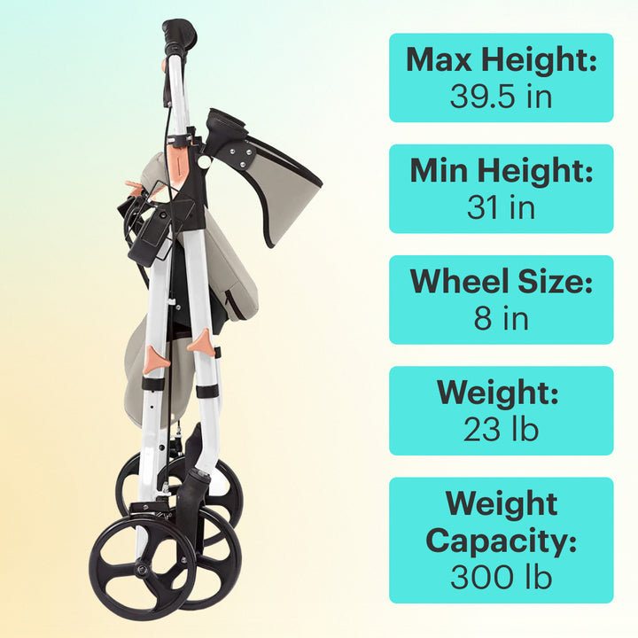 Collapsable White Aluminum Premium Folding Rollator Walker with specifications on a light yellow background