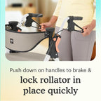 Person holding brakes of White Aluminum Premium Folding Rollator Walker with text "push down on handles to brake and lock rollator in place quickly" on light yellow background