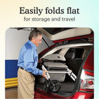 Man putting White Aluminum Premium Folding Rollator Walker in the trunk of a car with text 'Easily folds flat for storage and travel'.