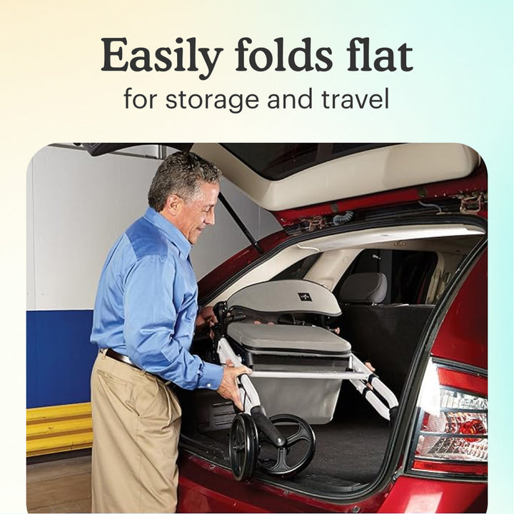 Man putting White Aluminum Premium Folding Rollator Walker in the trunk of a car with text 'Easily folds flat for storage and travel'.
