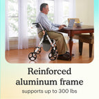 Man using White Aluminum Premium Folding Rollator Walker in a home setting with text "reinforced aluminum frame supports up to 300 lbs"