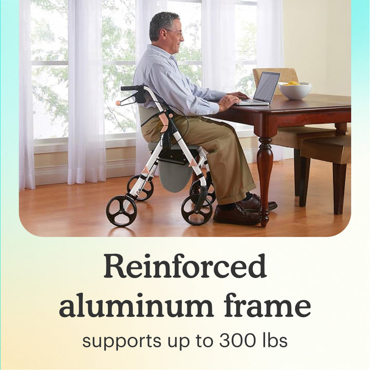 Man using White Aluminum Premium Folding Rollator Walker in a home setting with text "reinforced aluminum frame supports up to 300 lbs"