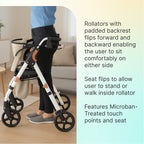 Person using White Aluminum Premium Folding Rollator Walker with text describing its features