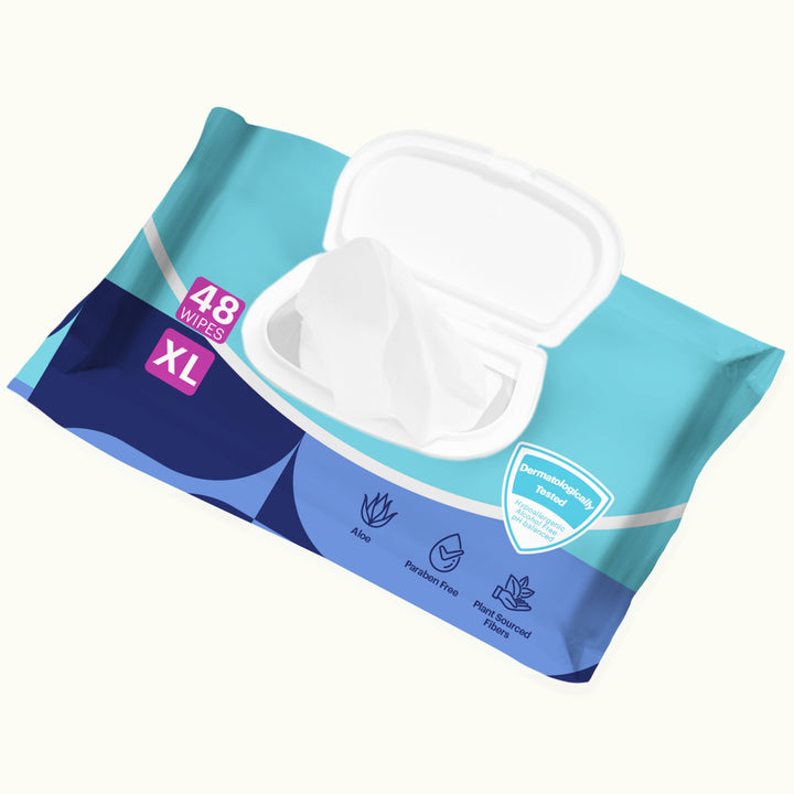 Opened pack of Because cleansing wipes on white background