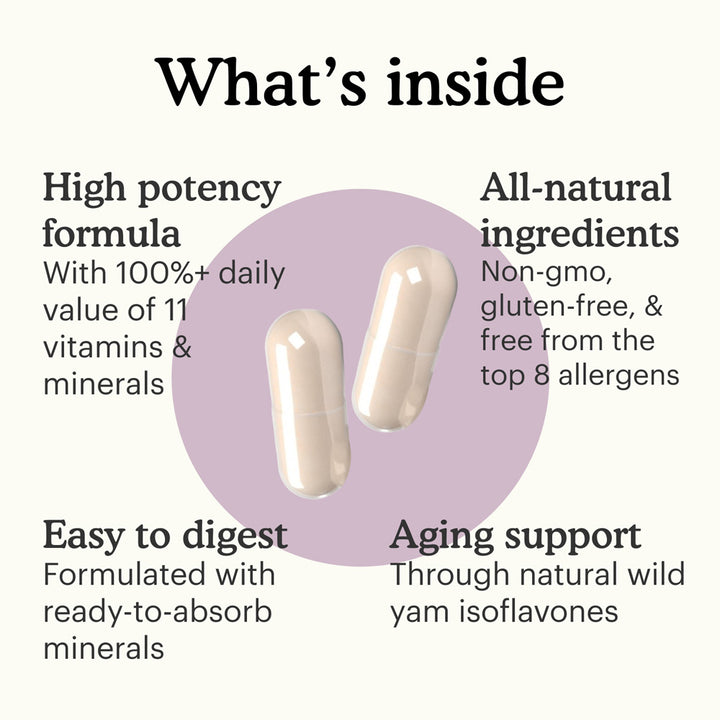 What's inside Because Women's 50+ Multivitamin: 11 vitamins and minerals, all-natural ingredients, easy to digest, and aging support
