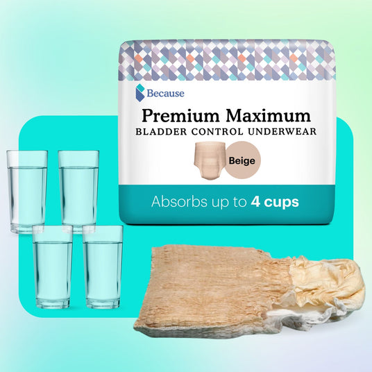 Because Premium Maximum Plus Underwear for Women in package and out of package plus 4 cups of water to demonstrate absorbency.