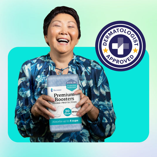 Image shows woman holding booster pads and a seal reading "dermatologist approved"