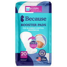 Package of Because booster pads for bladder control underwear on a white background