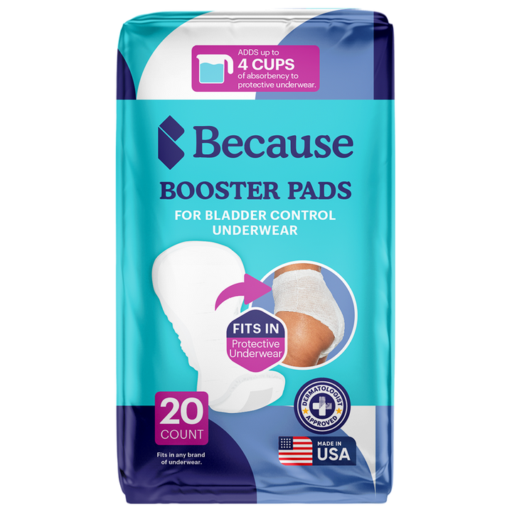 Package of Because booster pads for bladder control underwear on a white background