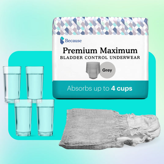 Because Premium Maximum Plus Underwear for Men in package and out of package plus 4 cups of water to demonstrate absorbency.