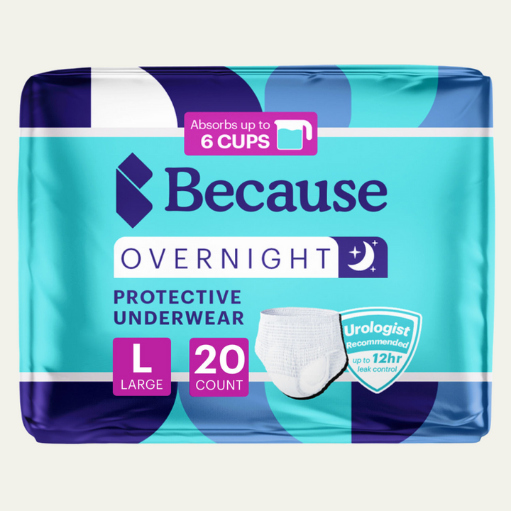 Package of Because Overnight protective underwear for large size on a white background