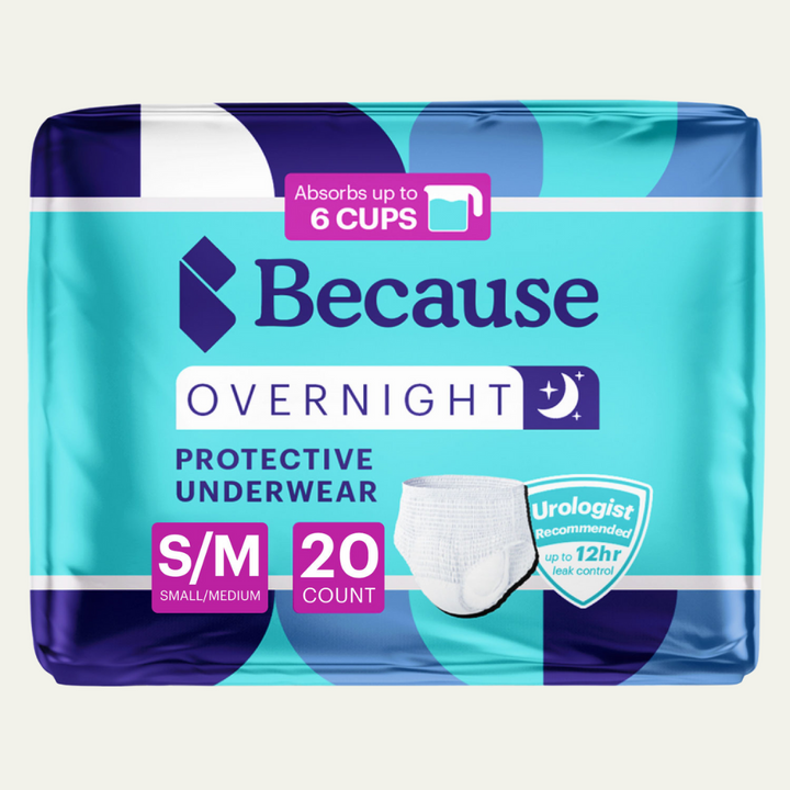 Package of Because Overnight protective underwear size small/medium on a white background