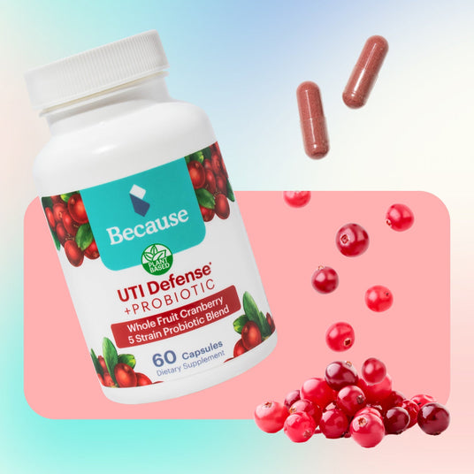 Image shows UTI defense supplement and cranberries.