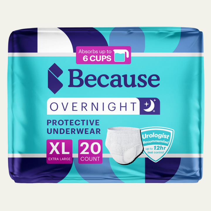 Package of Because Overnight Protective Underwear for Extra Large size on a white background
