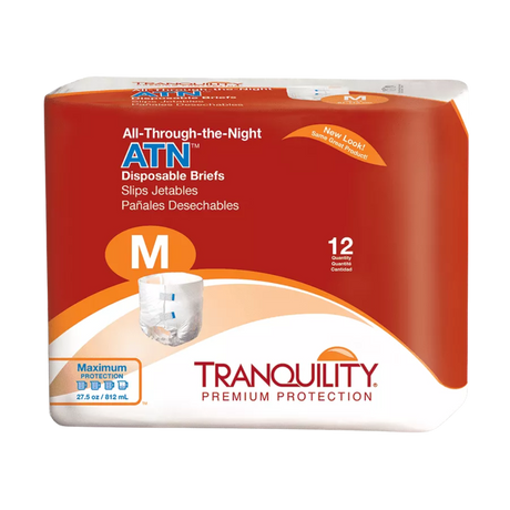 Red, white, and orange All-Through-the-Night ATN Disposable Briefs packaging. 