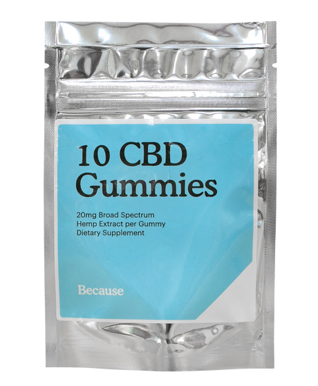 Package of 10 CBD gummies 20mg broad spectrum hemp extract per gummy dietary supplement