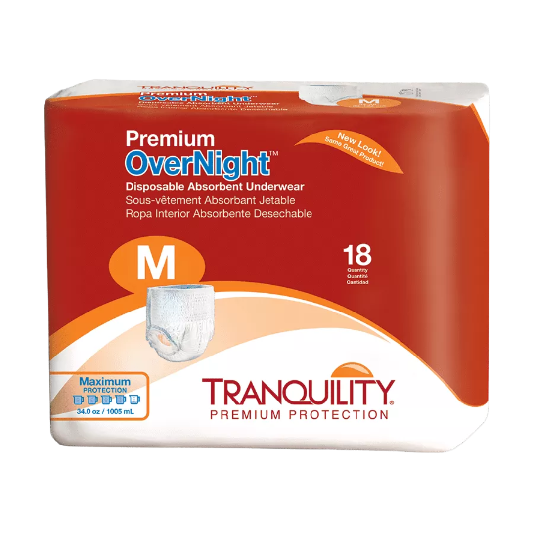 Red, white, and orange Premium OverNight Disposable Absorbent Underwear Packaging. 