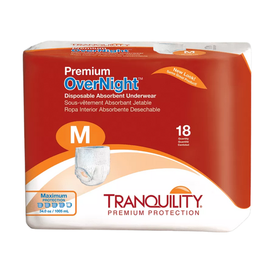 Red, white, and orange Premium OverNight Disposable Absorbent Underwear Packaging. 