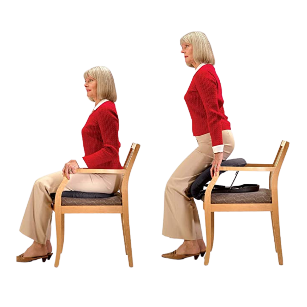 Woman wearing a red sweater and khaki pants displaying how to use the cushion set and how to get it from cushion on seat. 