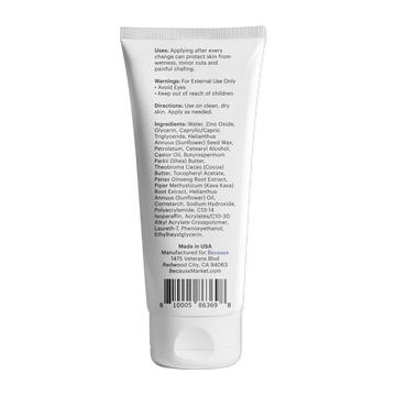 Back of barrier cream packaging. Uses: Applying after every change can protect skin from wetness, minor cuts and painful chafing.