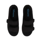 Top down view of black velvet open toed sandals