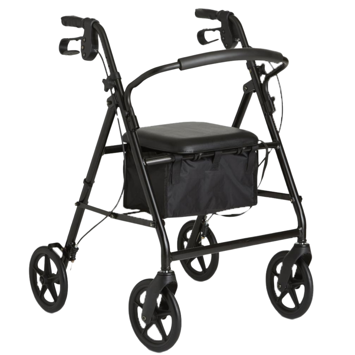 Black folding rollator walker with 4 wheels, a padded seat, and handles that contain hand brakes.