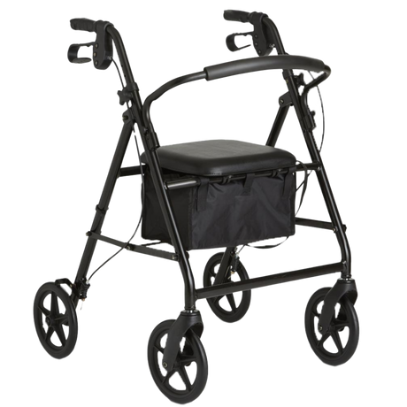 Black folding rollator walker with 4 wheels, a padded seat, and handles that contain hand brakes.
