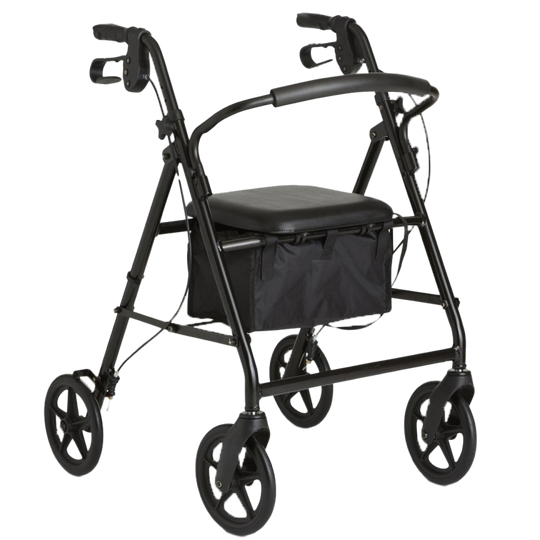 Black folding rollator walker with 4 wheels, a padded seat, and handles that contain hand brakes.