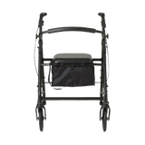 Front view of black rollator to show the storage under the padded seat cushion and width of the rollator