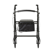 Front view of black rollator to show the storage under the padded seat cushion and width of the rollator