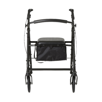 Front view of black rollator to show the storage under the padded seat cushion and width of the rollator