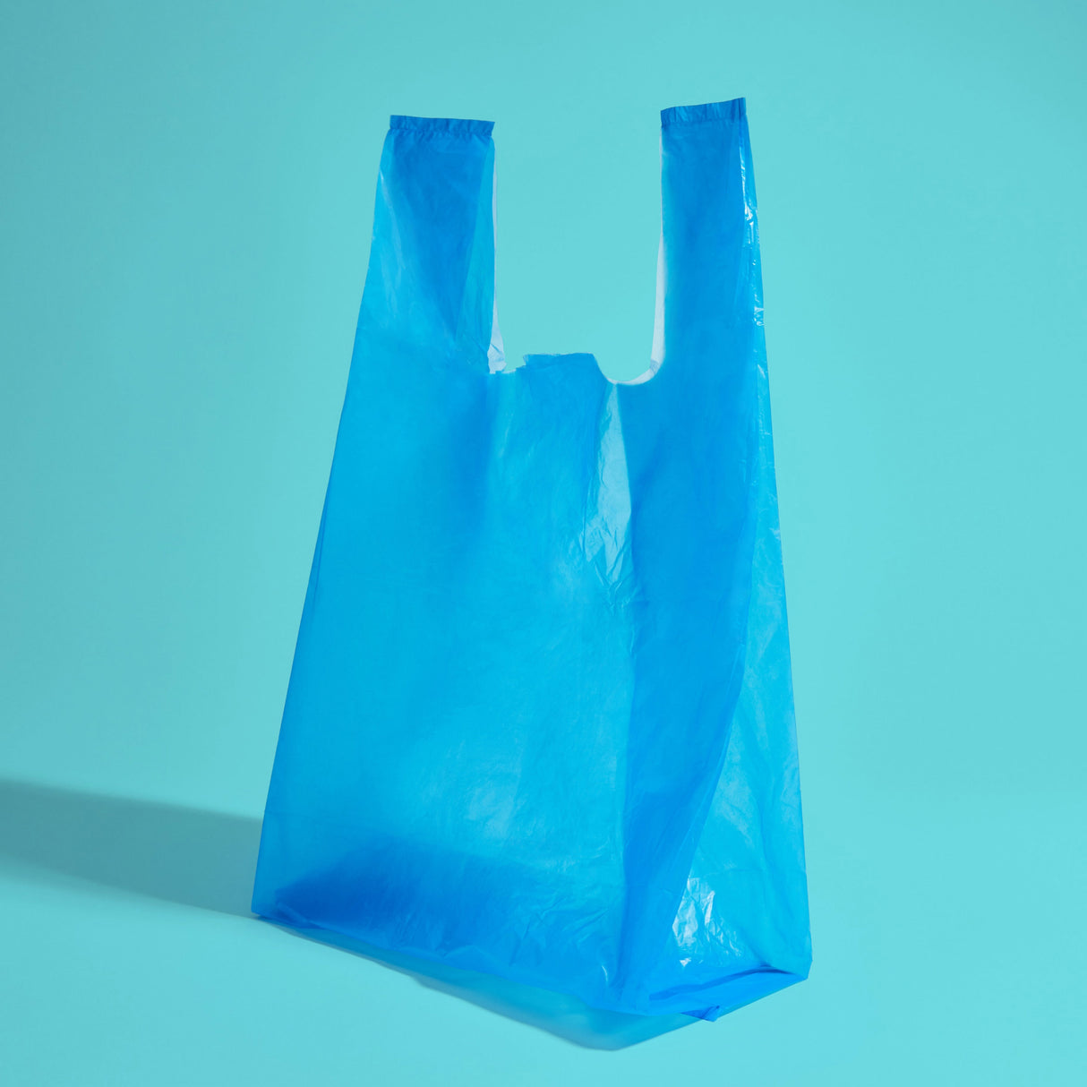 A blue translucent biodegradable bag with handles that easily tie