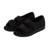 Side view of black velvet open toed sandals